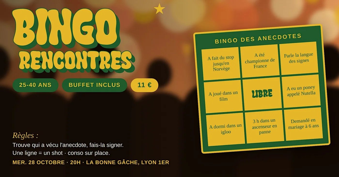 Affiche du Bingo rencontres : grille du bingo des anecdotes, mercredi 28 octobre 20h à La Bonne Gâche